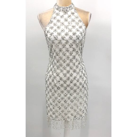 LIV FOSTER Sequin Beaded Halter Dress Size 6 Ivory Bead Fringe Trim NWT FLAW - Picture 5 of 16